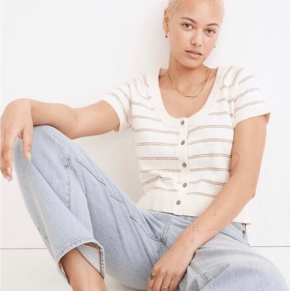 NWT Madewell Cream & Brown Linden Scoop Neck Cotton Cardigan - Medium - Picture 4 of 6